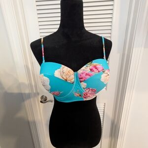 Elegant Floral Women's Swim Bra - Turquoise and Pink Size XL